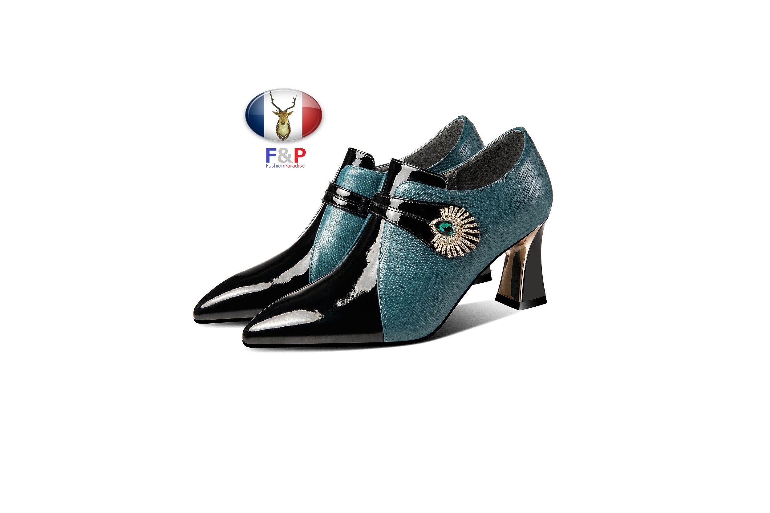 ポインテッドトゥハラコレザーベルテッドサイドビジュー付き付きシューティーブーティパンプス全2色