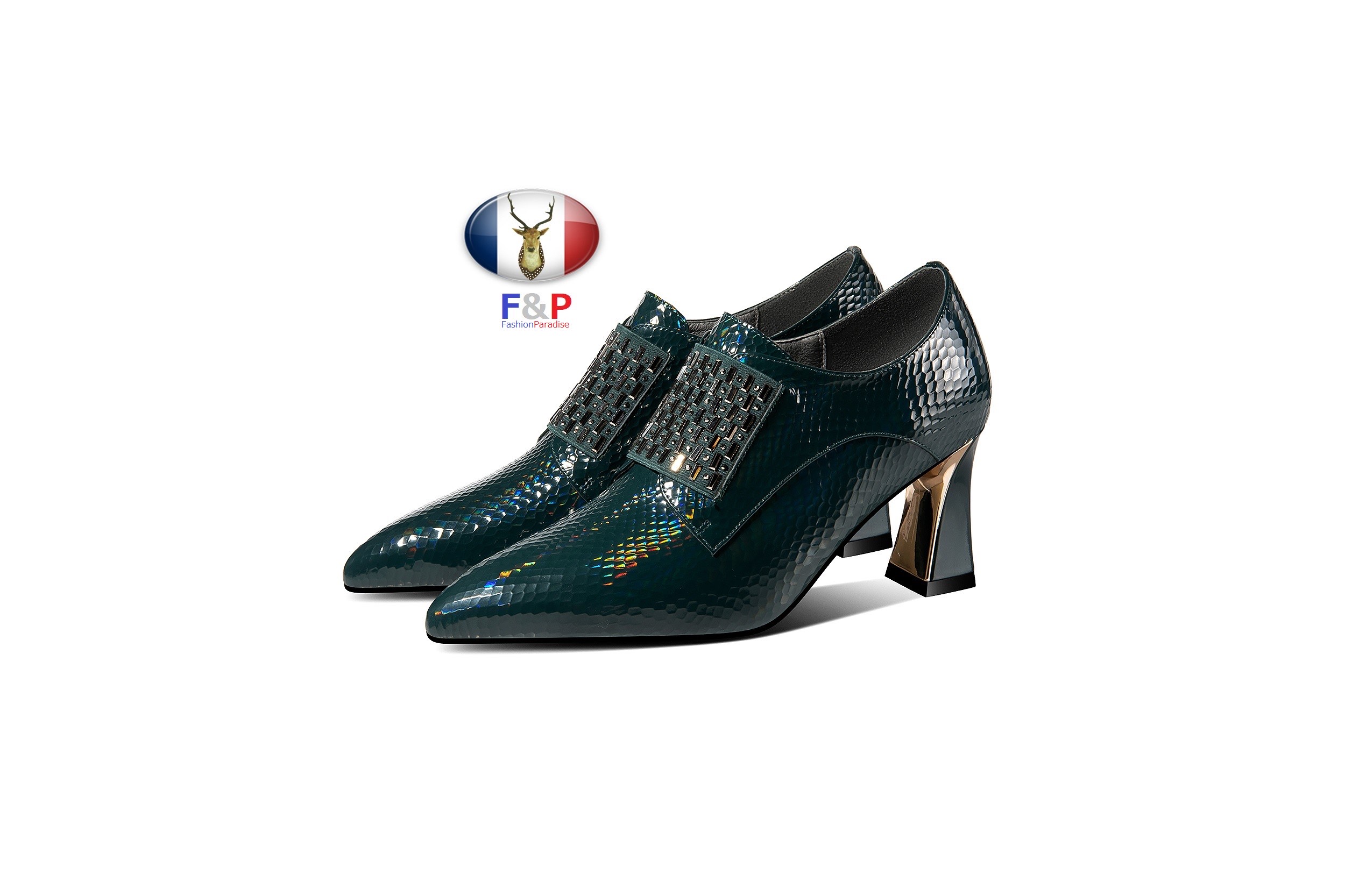 ポインテッドトゥトカゲ鱗柄エナメルハラコレザーフロント飾り物付きシューティーブーティパンプス全2色