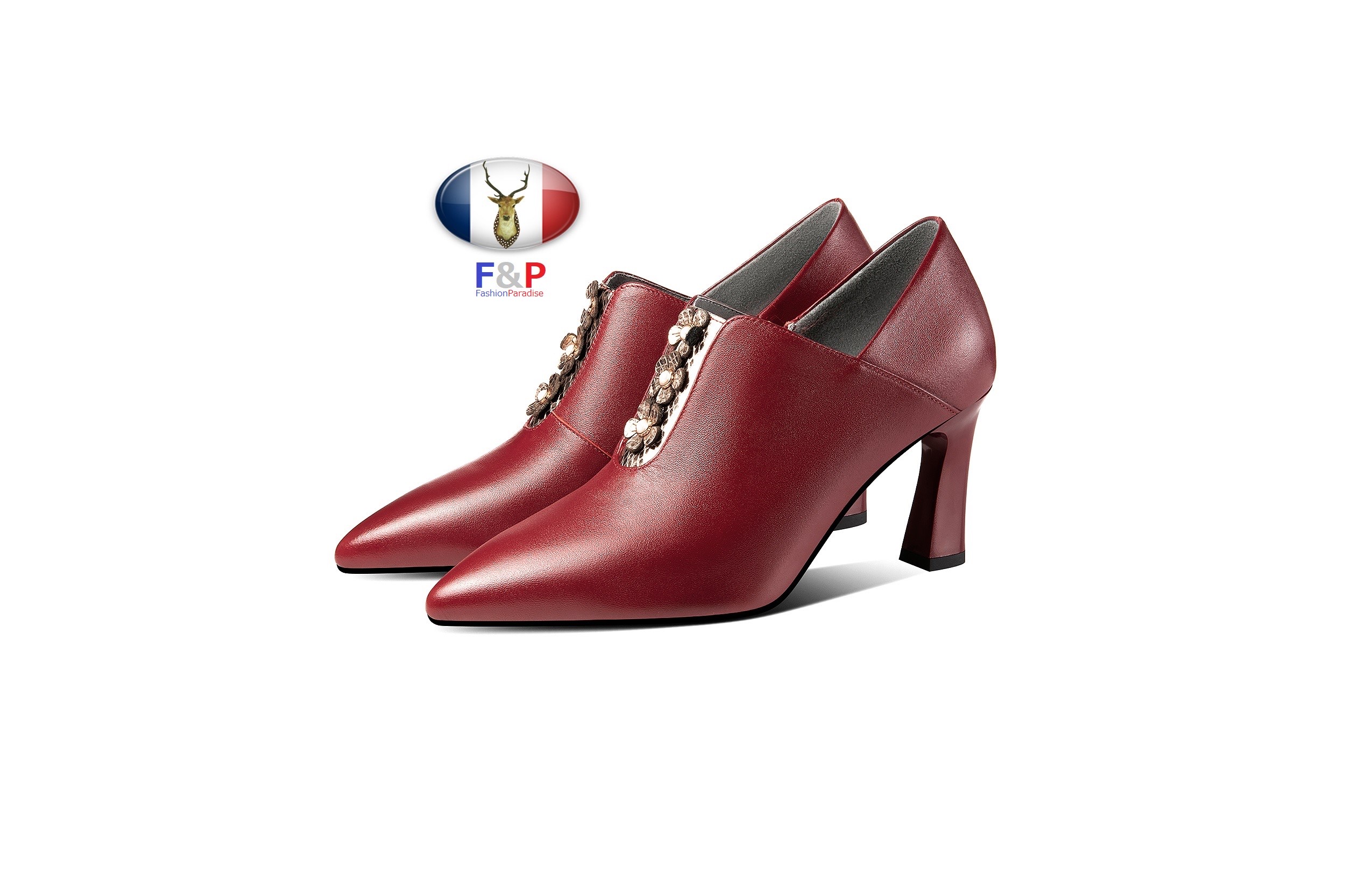 ポインテッドトゥ艶消しハラコレザーフロントモチーフ花付きシューティーブーティパンプス全2色