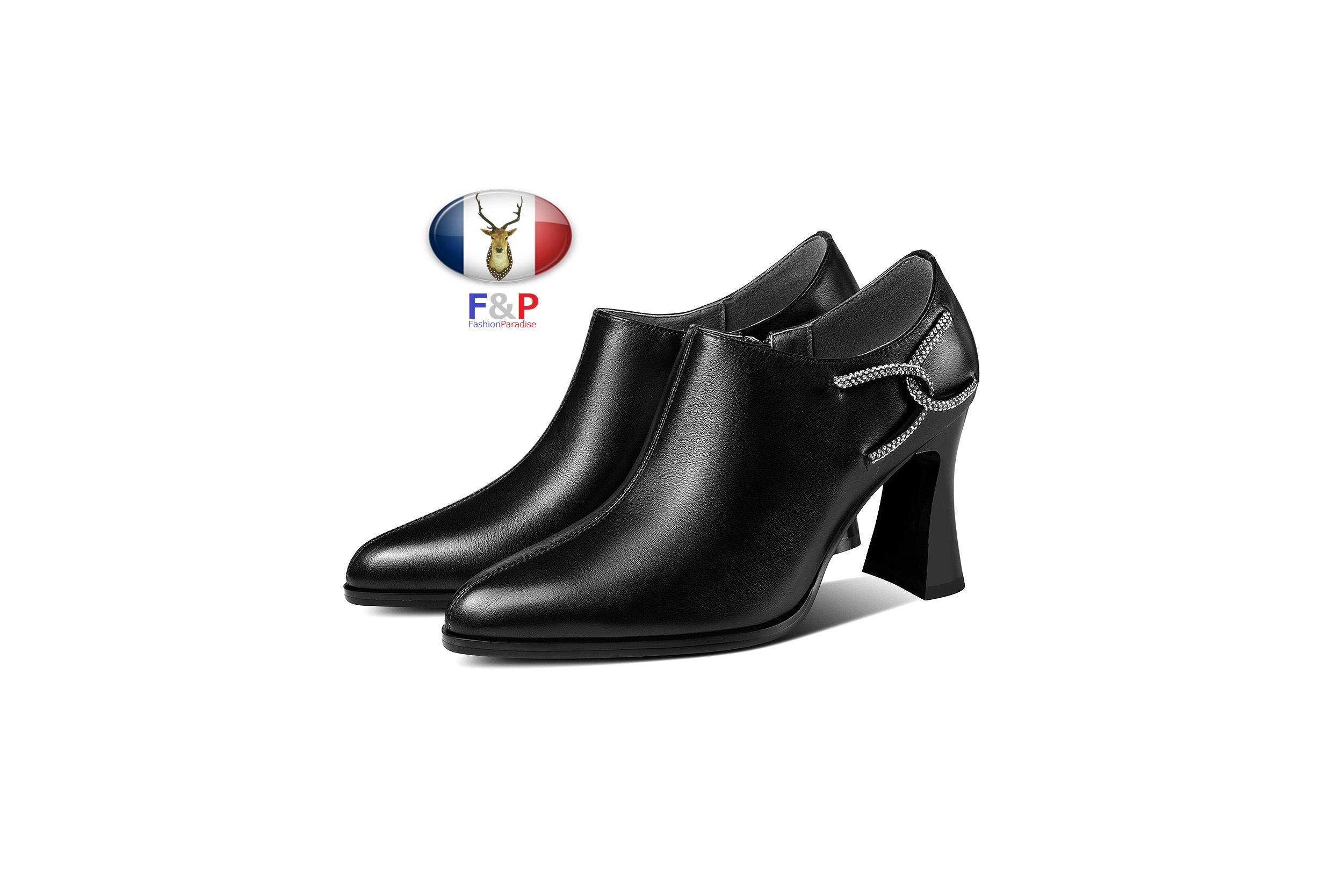 アーモンドトゥハラコレザーサイドキラキララインストーン付きシューティーブーティパンプス全2色