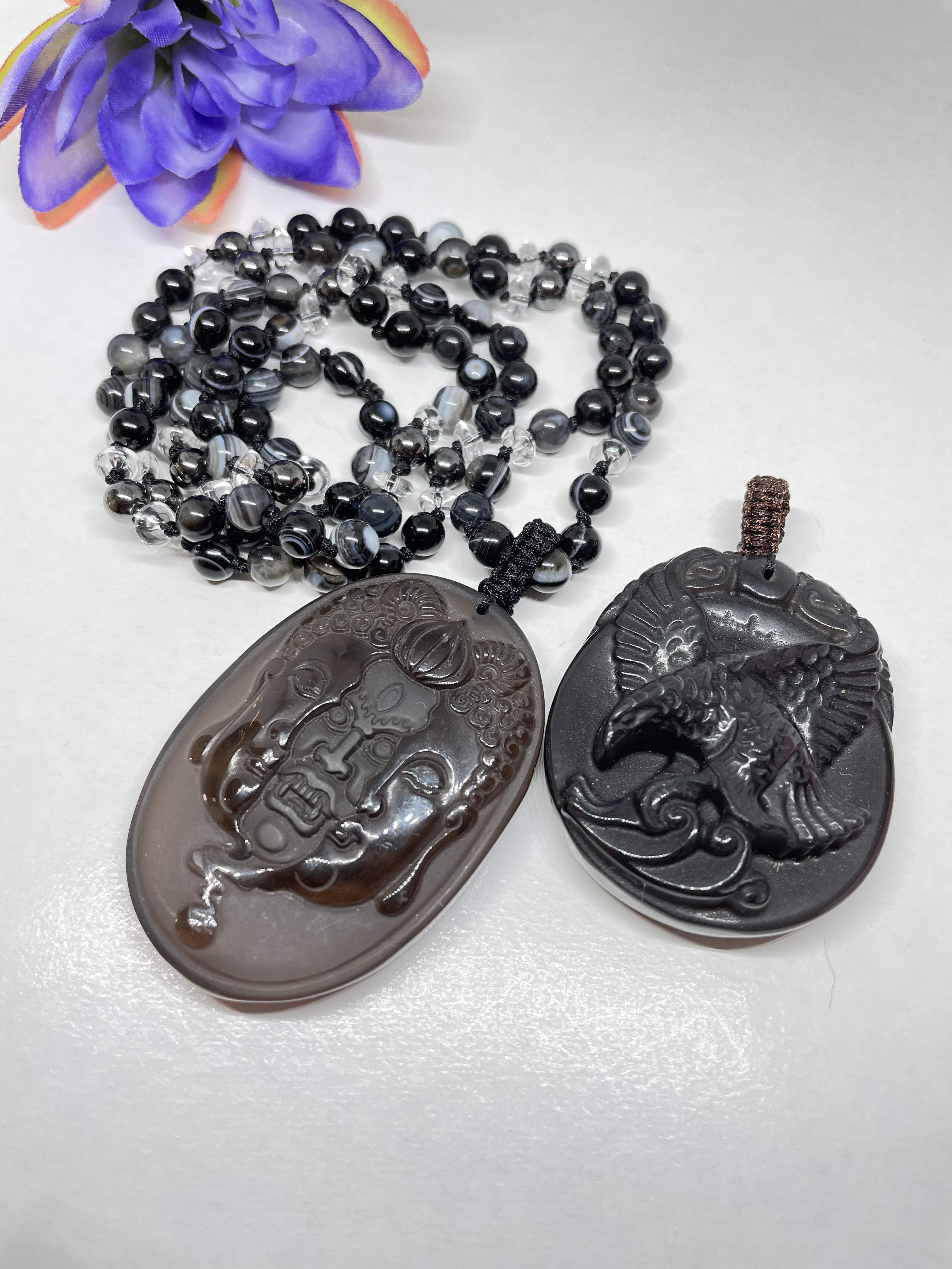 男女　災い払い　黒曜石ロングネックレス　宝誌和尚or鷹