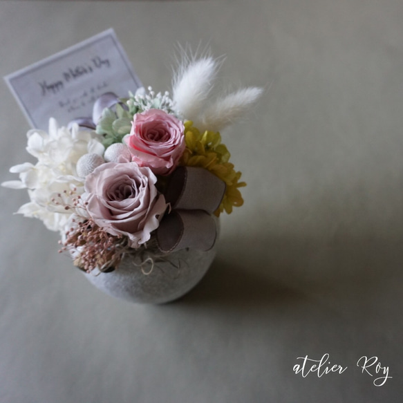 【母の日ギフト】素焼きの器が可愛いナチュラルプリザーブドフラワーアレンジメント＊ローズピンク 5枚目の画像