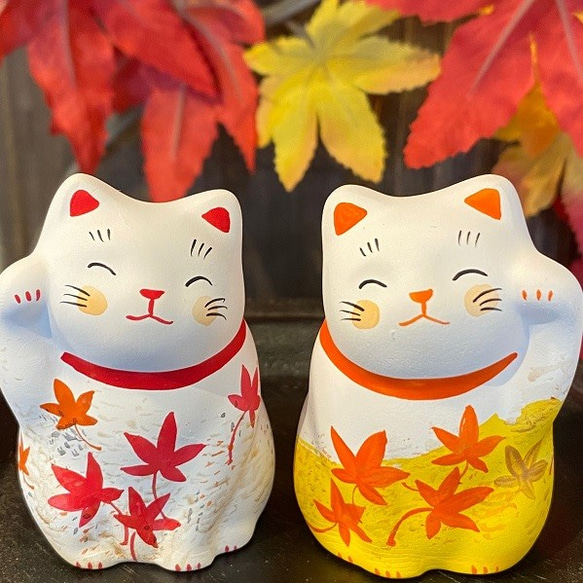 リクエスト専用　秋夜　紅葉　金魚　猫　5個セット 秋 猫 紅葉のペア招き猫 紅葉 谷中堂 招き猫 開運 谷中堂 通販