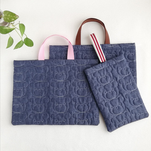 レッスンバッグ　巾着袋　　　くまさんキルト　　　　　通園バック　　　ハンドメイド レッスンバッグ 巾着袋 くまさんキルト 通園バック ハンドメイド