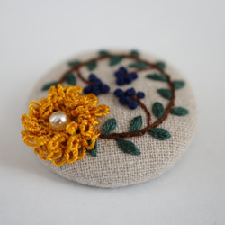 [針と絹糸で編んだ可憐なお花]シルクイーネオヤ(トルコ刺繍･レース)リース柄リネン生地のくるみボタンのブローチ　 2枚目の画像