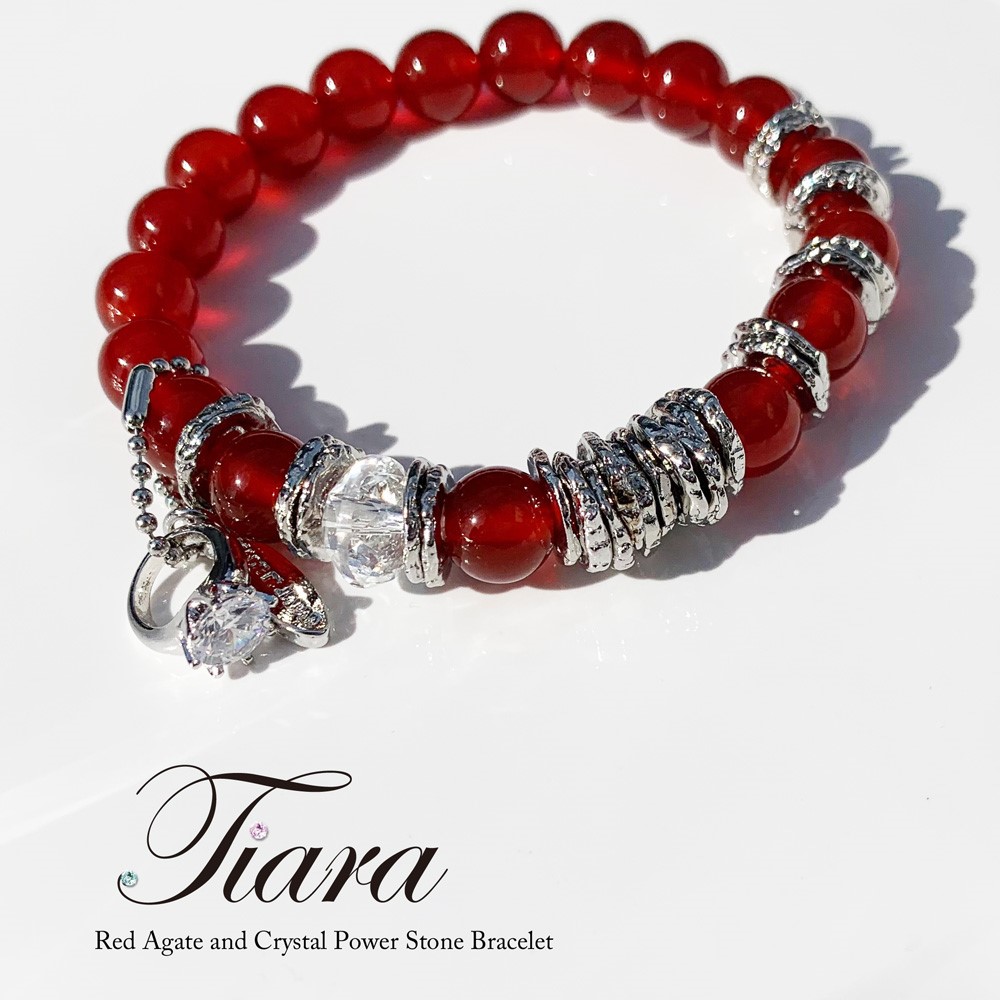 赤メノウ 水晶 オリジナルパーツのチャーム付き 天然石 ブレスレット 337