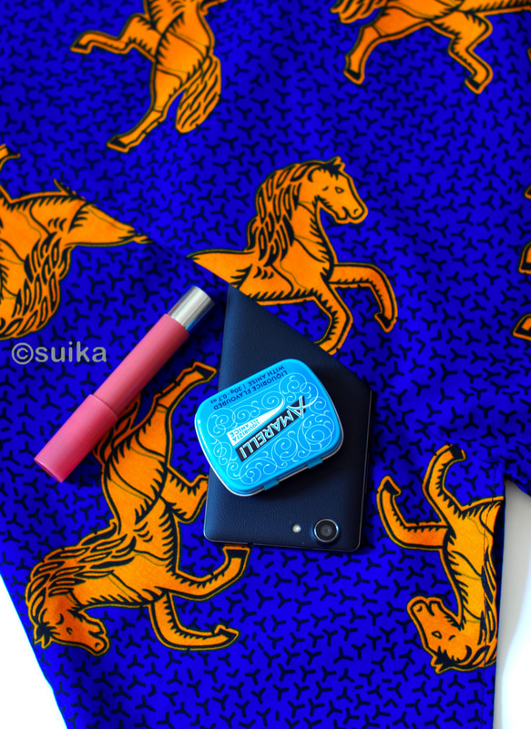 新作再販♪あずま袋☆アフリカン・ファブリック☆南仏から☆送料無料★ブルー・オレンジの跳ね馬(大) 4枚目の画像