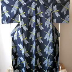 アフリカン・ファブリックの着物／Kimono Africain - bleu marine libellule 5枚目の画像