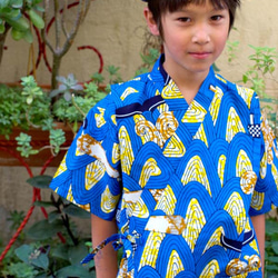 40%OFF!★送料無料☆南仏発★アフリカン・ファブリックの子供甚平☆Lサイズ☆波クジラ★ 1枚目の画像