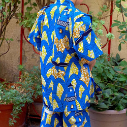 40%OFF!★送料無料☆南仏発★アフリカン・ファブリックの子供甚平☆Lサイズ☆波クジラ★ 2枚目の画像