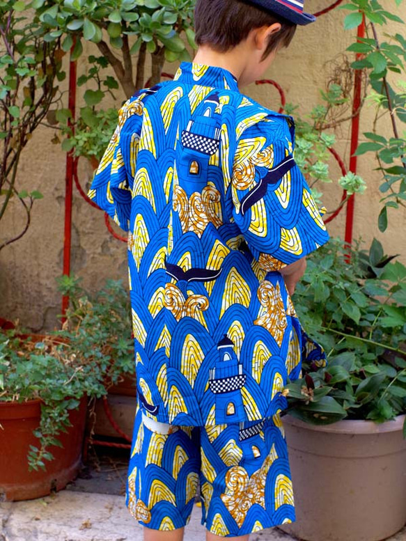 40%OFF!★送料無料☆南仏発★アフリカン・ファブリックの子供甚平☆Lサイズ☆波クジラ★ 2枚目の画像