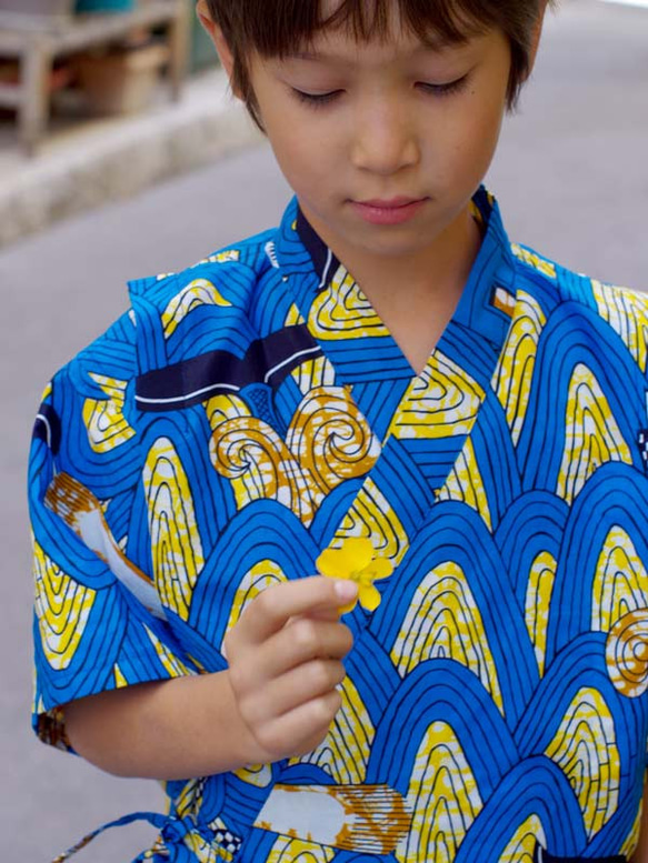 40%OFF!★送料無料☆南仏発★アフリカン・ファブリックの子供甚平☆Lサイズ☆波クジラ★ 4枚目の画像