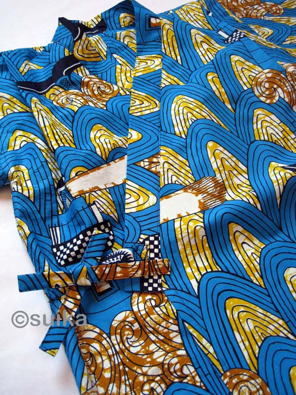 40%OFF!★送料無料☆南仏発★アフリカン・ファブリックの子供甚平☆Lサイズ☆波クジラ★ 5枚目の画像