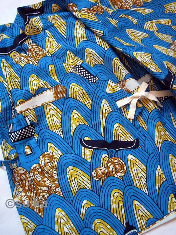 40%OFF!★送料無料☆南仏発★アフリカン・ファブリックの子供甚平☆Lサイズ☆波クジラ★ 6枚目の画像