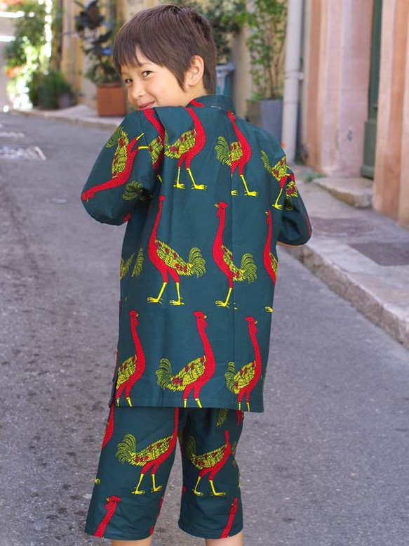 40%OFF!★送料無料☆南仏発★アフリカン・ファブリックの子供甚平☆Lサイズ☆ダークグリーン・ダチョウパレード★ 3枚目の画像