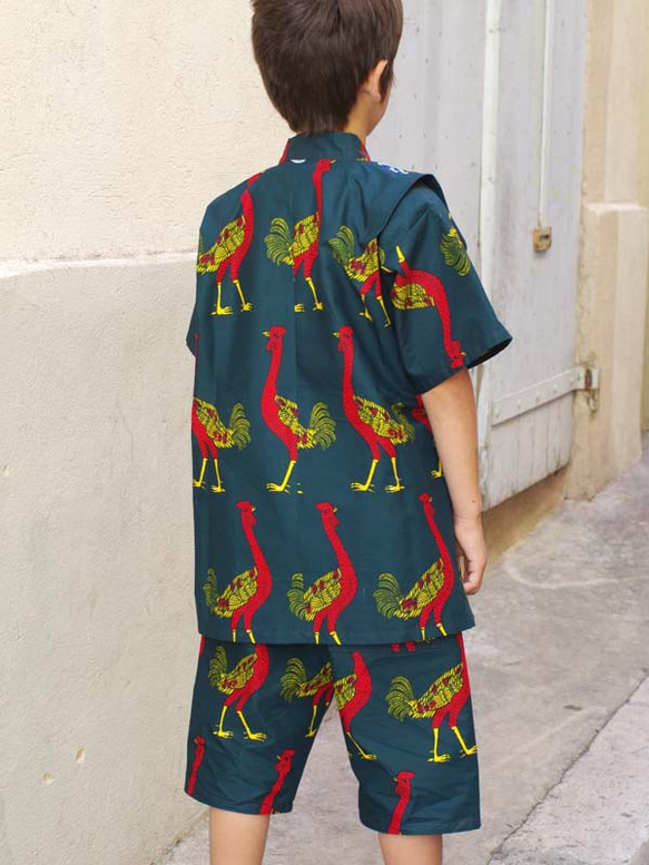 40%OFF!★送料無料☆南仏発★アフリカン・ファブリックの子供甚平☆Lサイズ☆ダークグリーン・ダチョウパレード★ 4枚目の画像