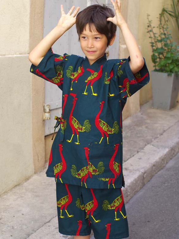 40%OFF!★送料無料☆南仏発★アフリカン・ファブリックの子供甚平☆Lサイズ☆ダークグリーン・ダチョウパレード★ 5枚目の画像