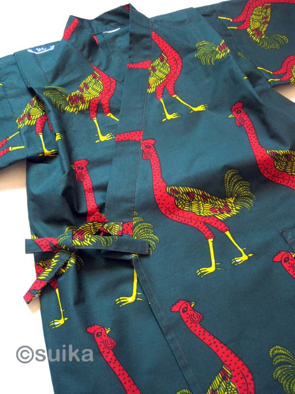 40%OFF!★送料無料☆南仏発★アフリカン・ファブリックの子供甚平☆Lサイズ☆ダークグリーン・ダチョウパレード★ 6枚目の画像