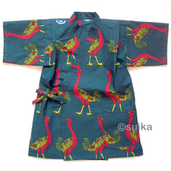 40%OFF!★送料無料☆南仏発★アフリカン・ファブリックの子供甚平☆Lサイズ☆ダークグリーン・ダチョウパレード★ 8枚目の画像