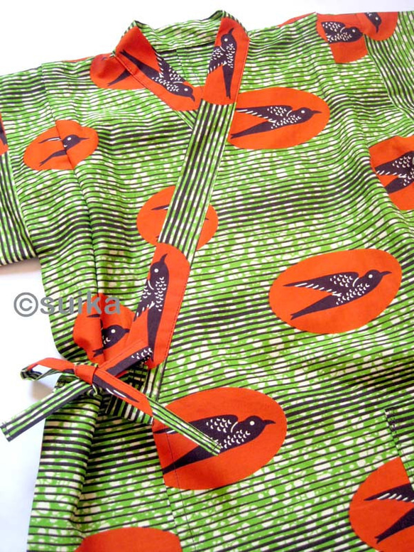 送料無料☆南仏発★アフリカン・ファブリックのこどもじんべい☆Lサイズ☆ライムグリーン・ツバメ★【受注制作】 6枚目の画像