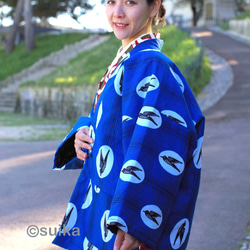 冬の新作☆南仏より★アフリカン・ファブリックの半纏☆ツバメ・ブルーマリン★送料無料 1枚目の画像