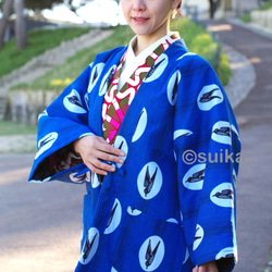 冬の新作☆南仏より★アフリカン・ファブリックの半纏☆ツバメ・ブルーマリン★送料無料 2枚目の画像