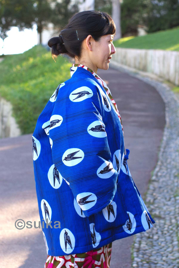 冬の新作☆南仏より★アフリカン・ファブリックの半纏☆ツバメ・ブルーマリン★送料無料 3枚目の画像