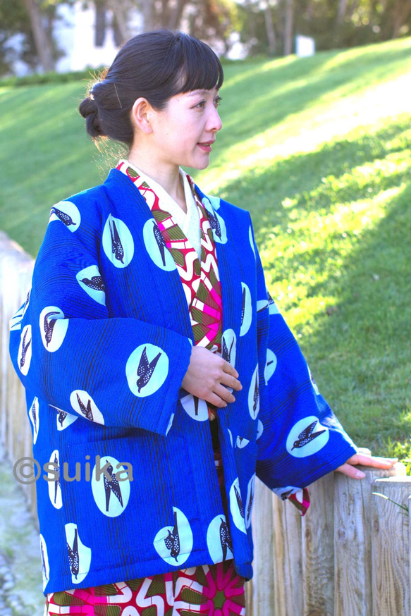 冬の新作☆南仏より★アフリカン・ファブリックの半纏☆ツバメ・ブルーマリン★送料無料 4枚目の画像