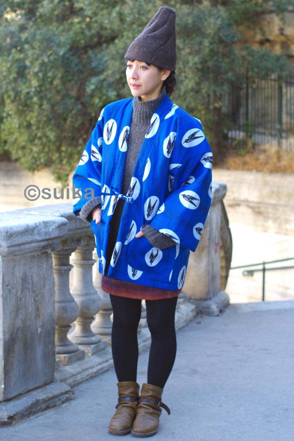 冬の新作☆南仏より★アフリカン・ファブリックの半纏☆ツバメ・ブルーマリン★送料無料 5枚目の画像