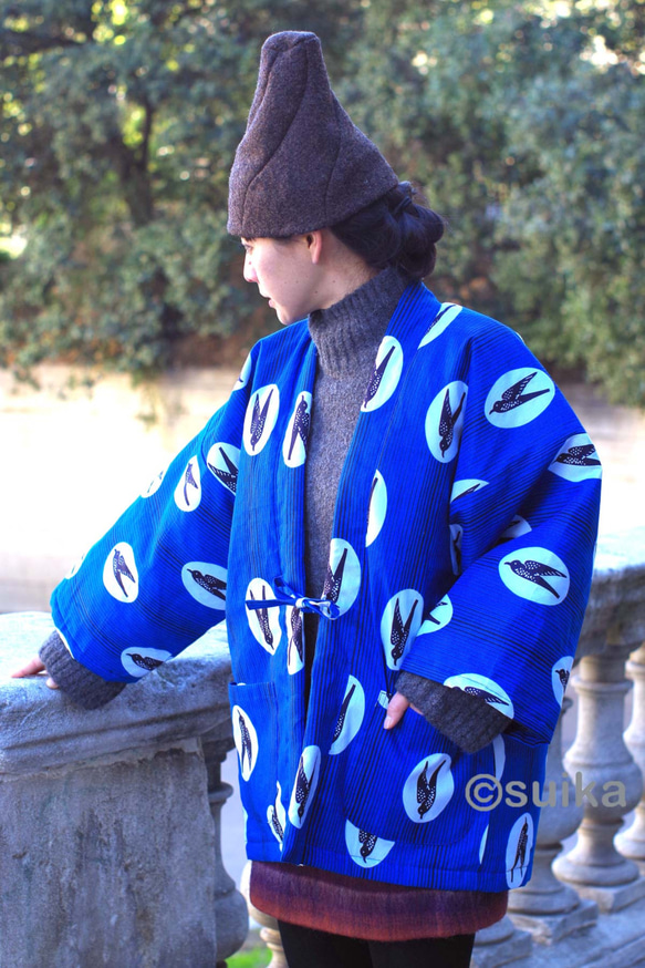 冬の新作☆南仏より★アフリカン・ファブリックの半纏☆ツバメ・ブルーマリン★送料無料 6枚目の画像