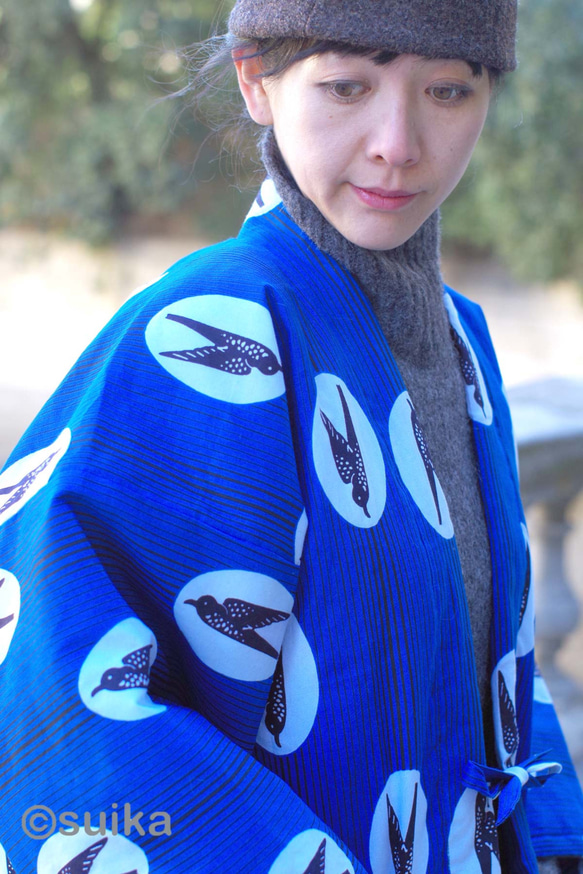 冬の新作☆南仏より★アフリカン・ファブリックの半纏☆ツバメ・ブルーマリン★送料無料 7枚目の画像