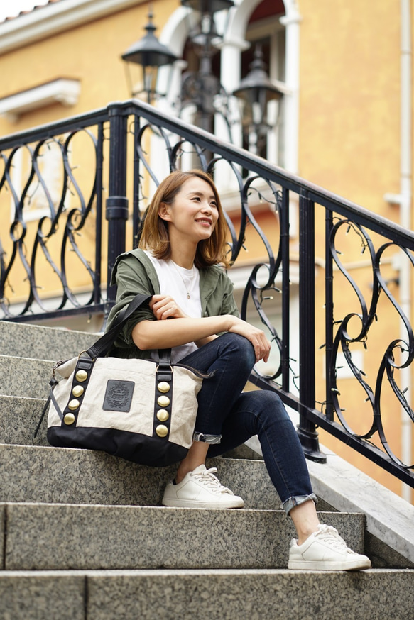 ＊＊＊大人かっこいいボストンバッグ＊M＊フランス軍コットンリネン＊＊＊＊A4サイズ対応＊ミリタリーピローケースリメイク 