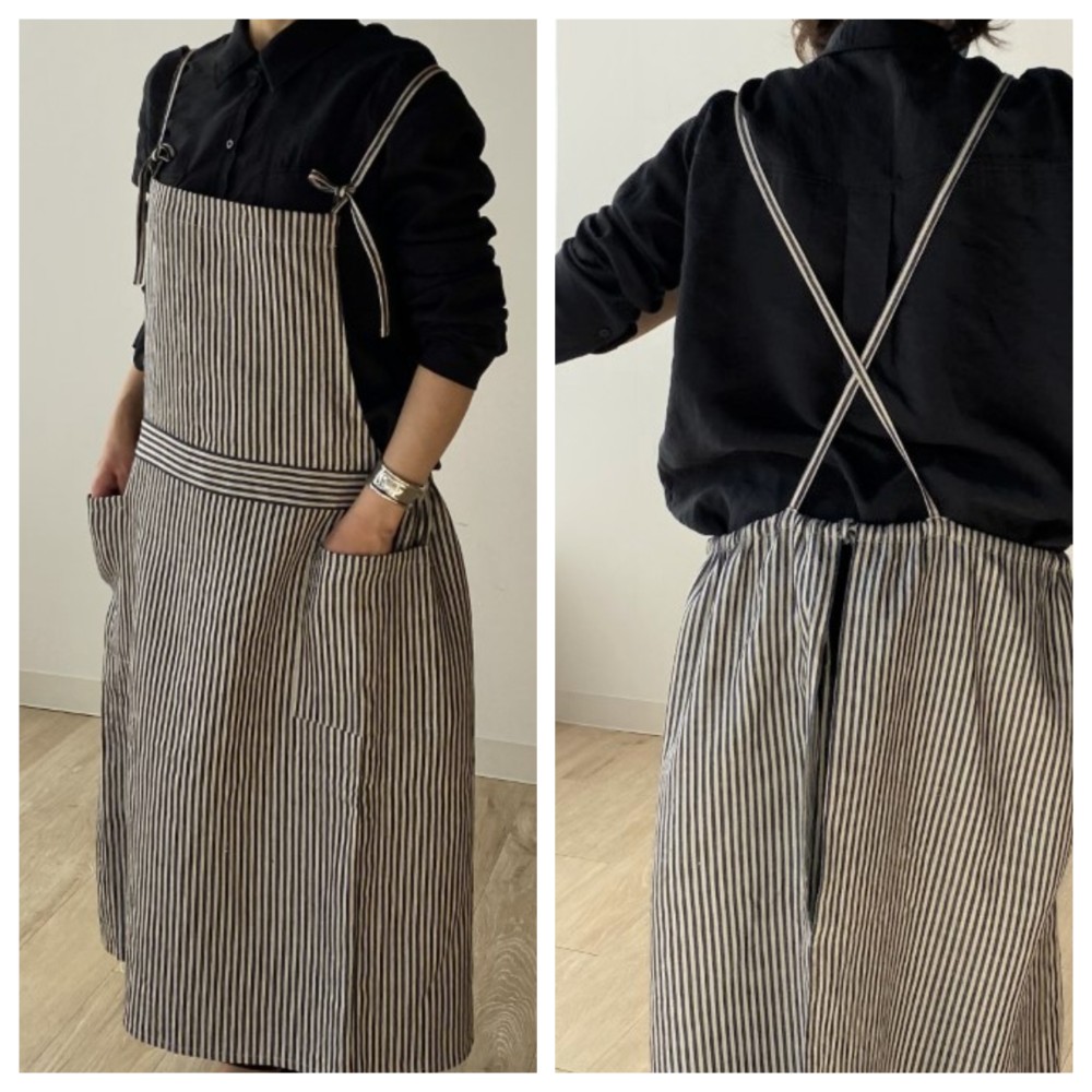 【３WAYよくばりスリムエプロン】ストライプ／厚リネン