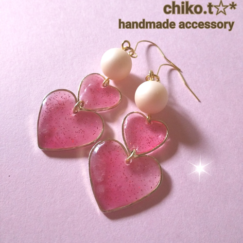 送料無料】2連ハート☆ピアス／イヤリング ピアス（フック・チェーン 