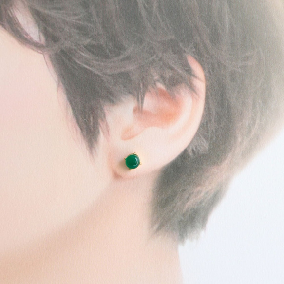 綠色縞瑪瑙 AAA 圓形凸圓形 [金/銀] Silver925 耳環 第3張的照片
