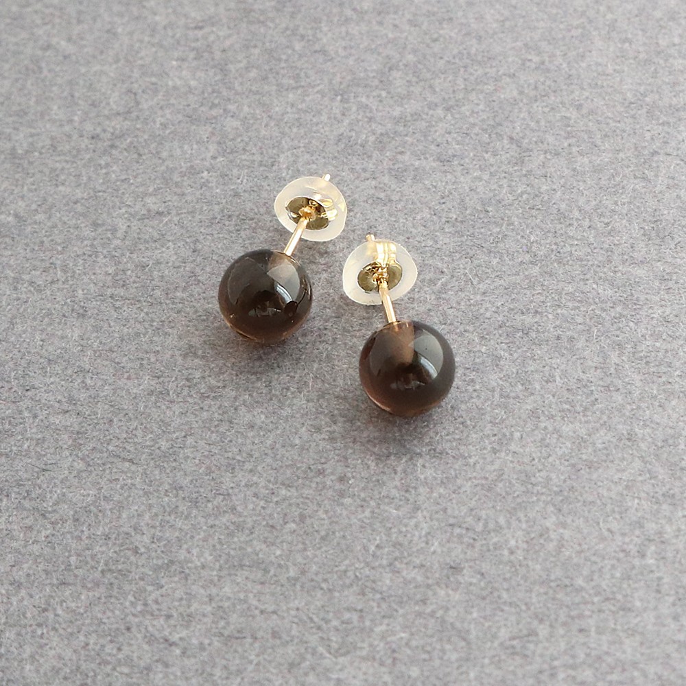 【 k18金ピアス】 スモーキークォーツ ラウンド 約5.5-6mm K18スケルトンキャッチ付 スタッドピアス