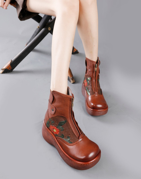 ♥ 全新秋冬手工 ♥ 真皮鞋女式厚底高跟鞋靴子 22.5cm-25cm 2 色 #455 第5張的照片