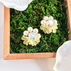 Yellow sheer flower cotton pearl earrings 第2張的照片