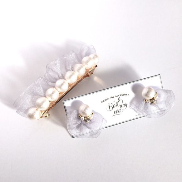 Xmas ♡ Ice Gray organdy & Cotton Pearl Earrings 第1張的照片