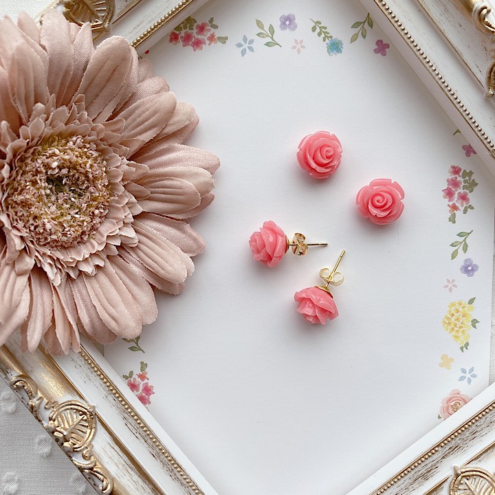 123Ar【高品質✨】ピアス 薔薇 バラ ピンクゴールド 1粒石