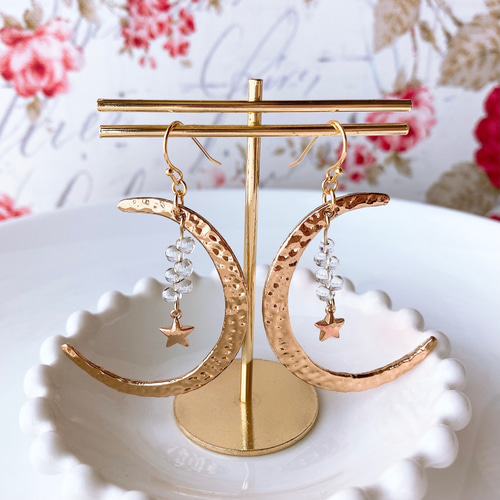 ゴールドムーン粒々三日月ピアス*大ぶりお洒落大人可愛い星ピアス