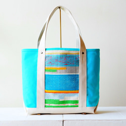 カラフル！手織りのオリジナルテキスタイルと倉敷帆布のトートバッグ（ブルー） 1枚目の画像