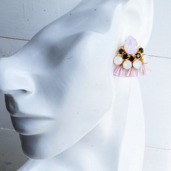 真絲和施華洛世奇耳環*耳環/穿孔/鈦金屬可更換（粉紅色混合） 第2張的照片