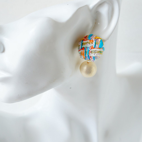 2路！花式花呢和棉珍珠耳環（耳環多變）多綠松石 第3張的照片