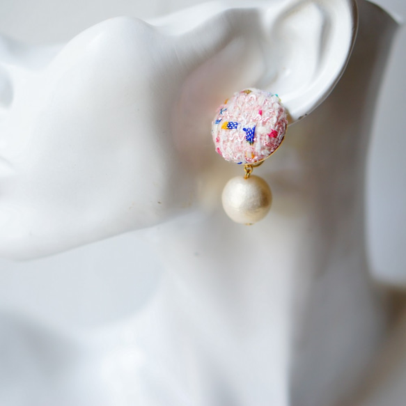 2路！花式斜紋軟呢和棉珍珠耳環（耳環多變）甜美的粉紅色 第2張的照片