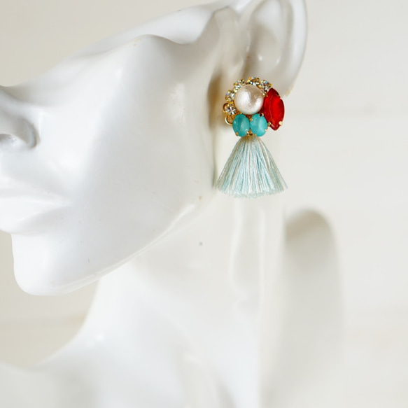 2路！ Silk Tassel和Bijou的穿孔耳環※過敏兼容耳環多變（Baby Blue） 第4張的照片