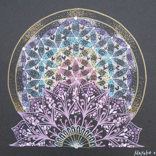 蓮の華とフラワーオブライフの点描曼荼羅アート その他アート Prism