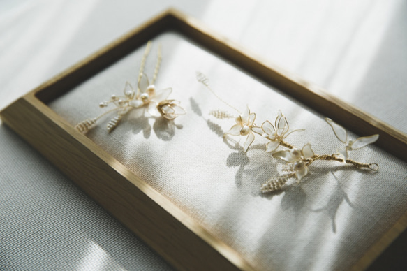新娘頭飾//Vanilla white初秋新品杏白色樹脂花朵兩件組髮飾QS950 第2張的照片