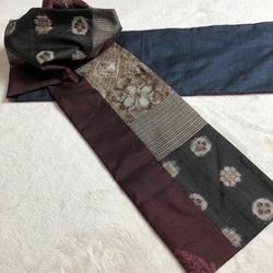 アンティーク大島紬のパッチワークストール　泥茶　リバーシブル　着物リメイク 2枚目の画像