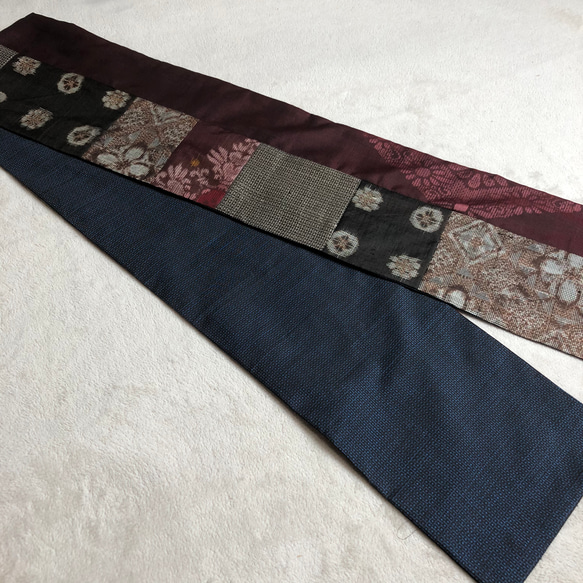 アンティーク大島紬のパッチワークストール　泥茶　リバーシブル　着物リメイク 3枚目の画像
